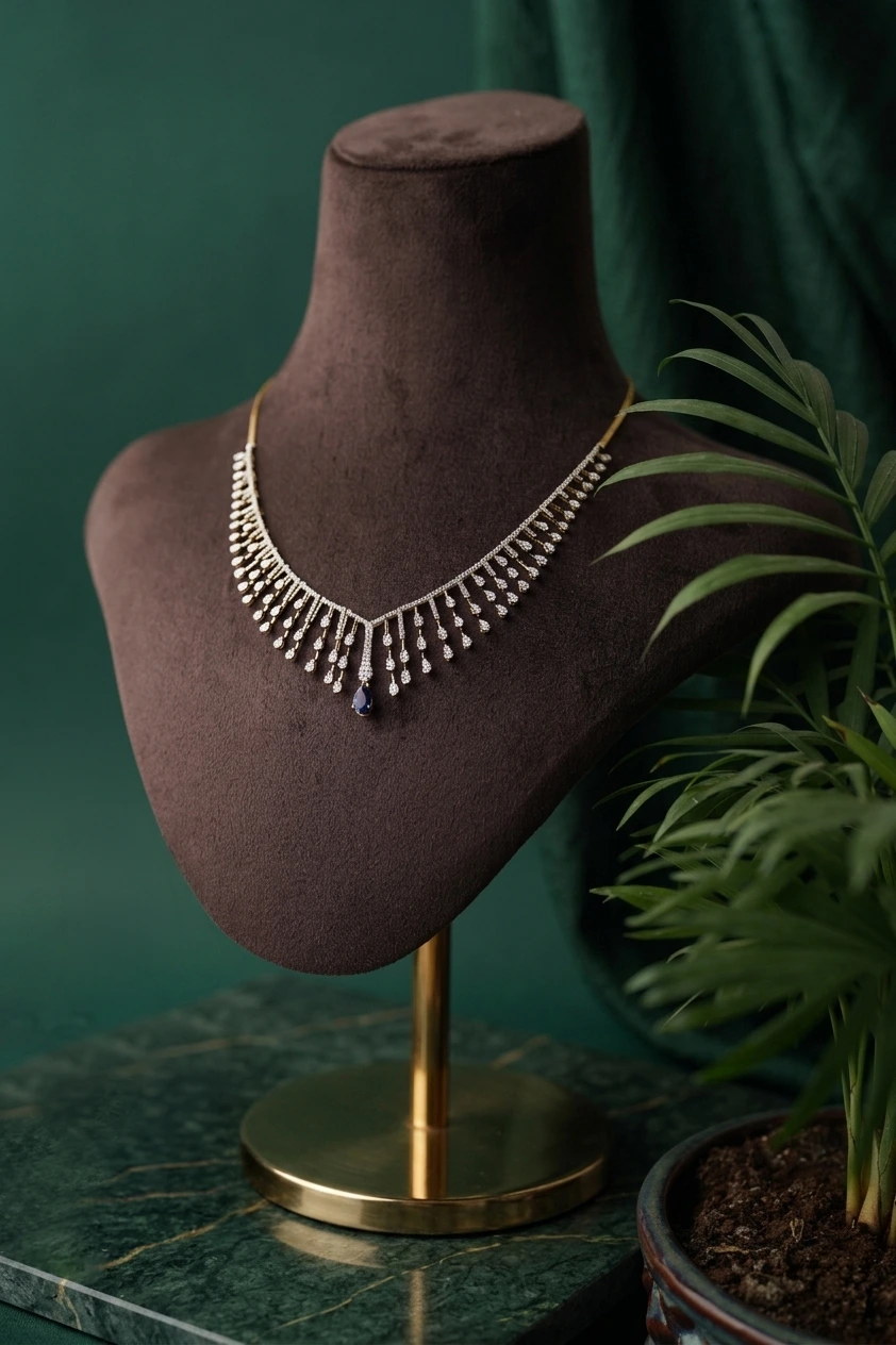 Diamond necklace with intricate gold setting